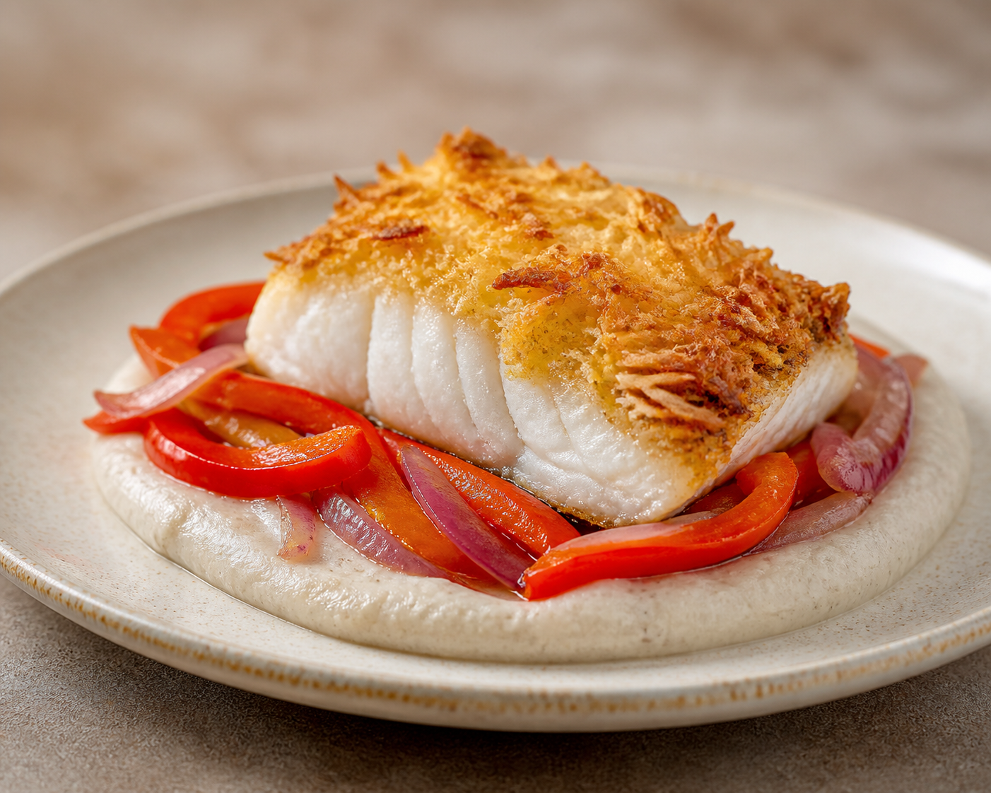 Dominican Baked Cod with Taro Mash, Sweet Peppers, and Cassava Crisp Crust
