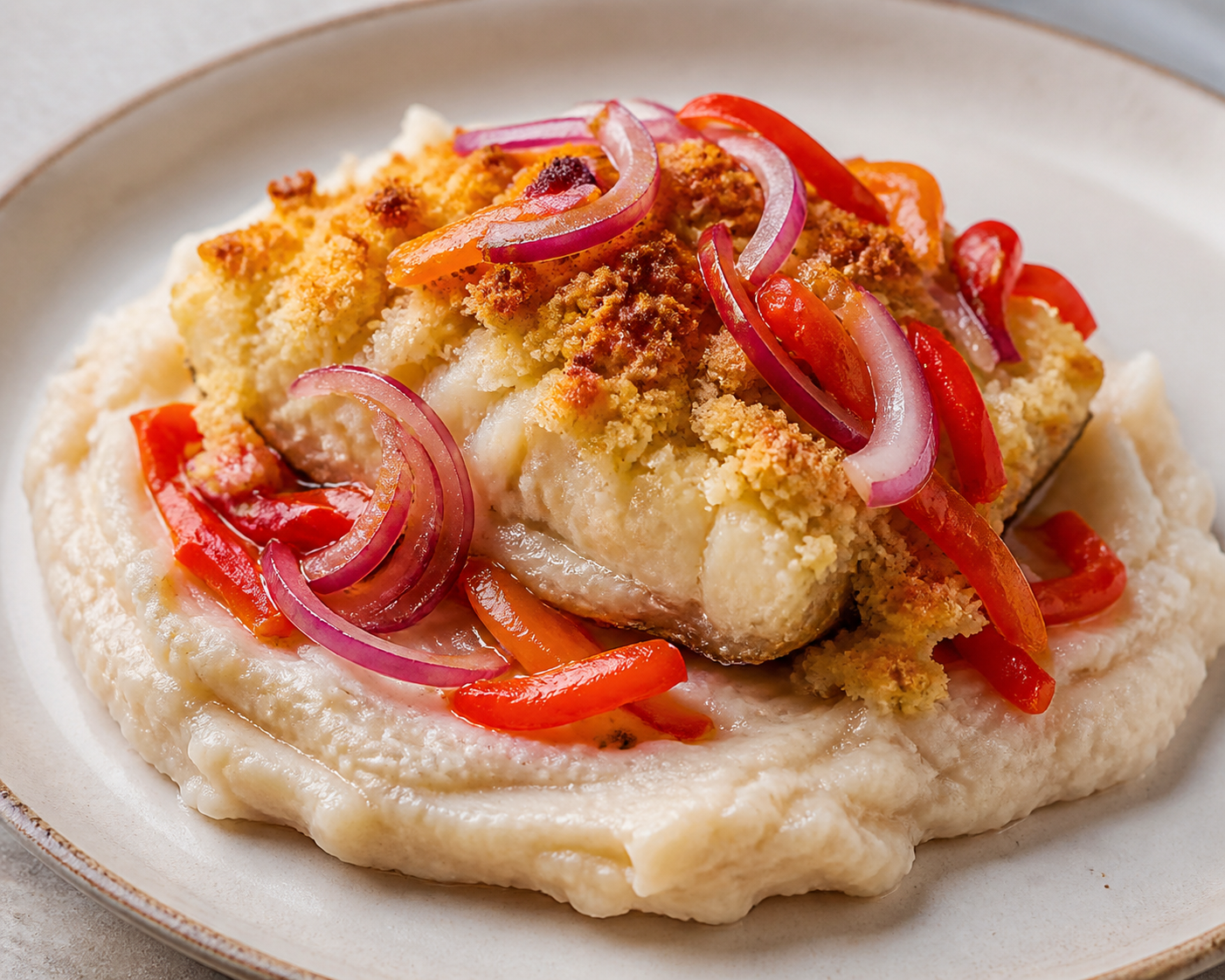 Bacalao Dominicano Gratinado con Majado de Yautía, Ajíes Dulces y Costra de Casabe