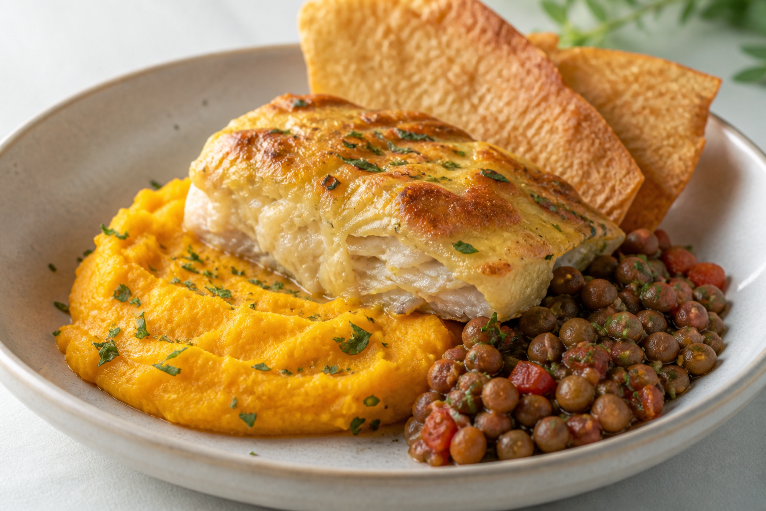 Bacalao Dominicano Gratinado con Puré de Auyama, Guandules al Sofrito y Crujiente de Casabe