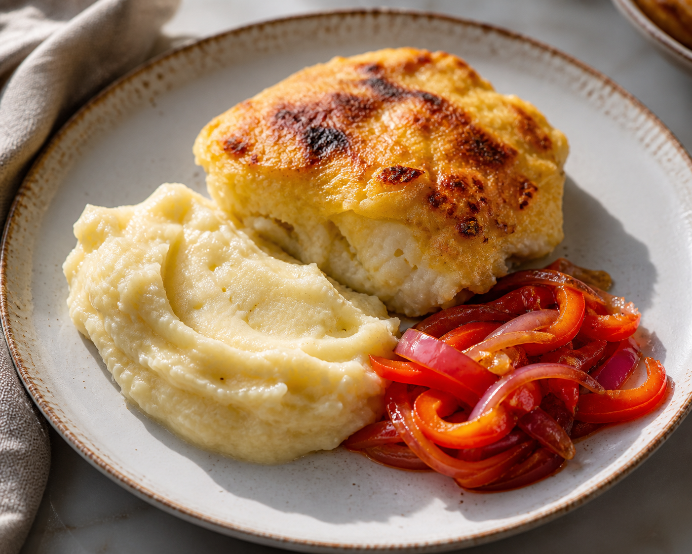 Dominican Cod Gratin with Garlic Yuca Mash and Pepper Sofrito