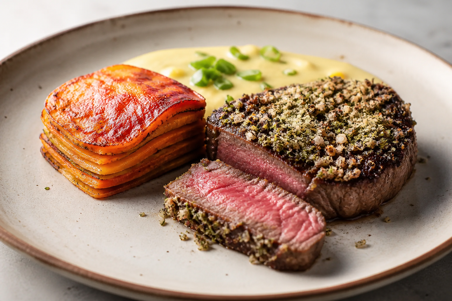 Bife de chorizo en costra de yerba y ajo con milhojas rústicas de batata y calabaza, y crema tibia de maíz al verdeo