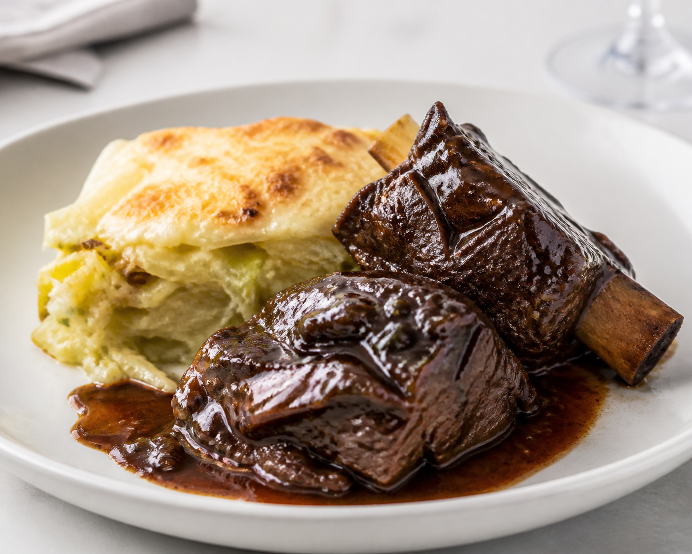 Bife de tira braseado al Malbec con pastel rústico de papas, puerro y provoleta