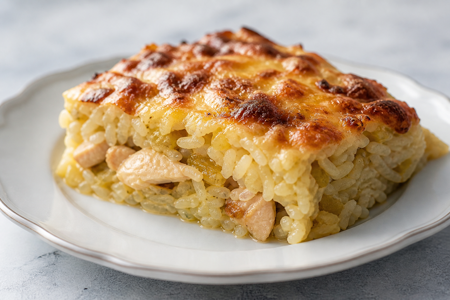 Pastel de arroz criollo con pollo al limón, puerro dorado y gratín de queso criollo