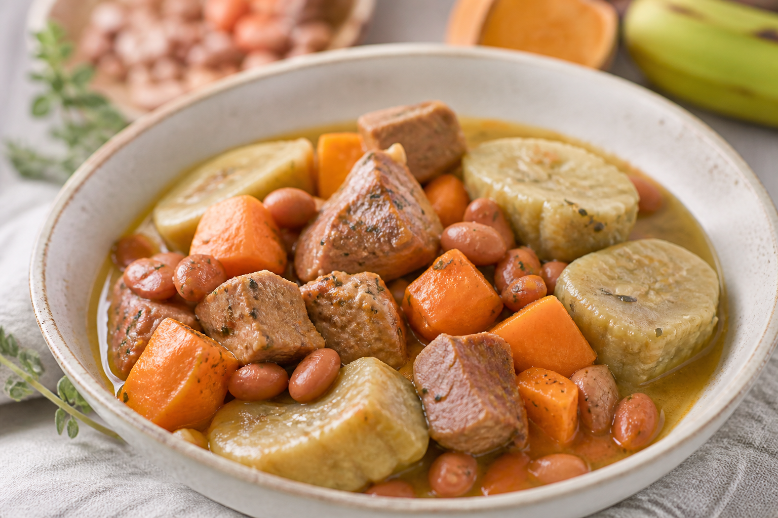 Fricassé Boricua de Cerdo y Batata con Habichuelas Rosadas y Dumplings de Plátano Verde