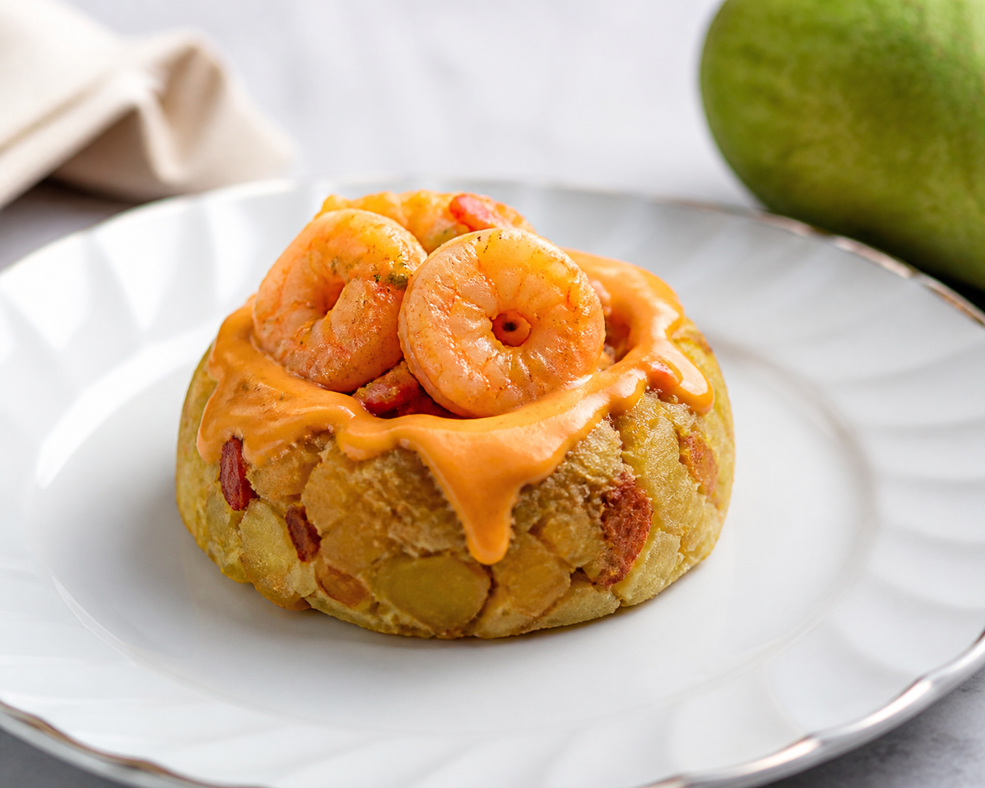 Breadfruit Mofongo Stuffed with Rum Shrimp and Sweet Pepper Cream
