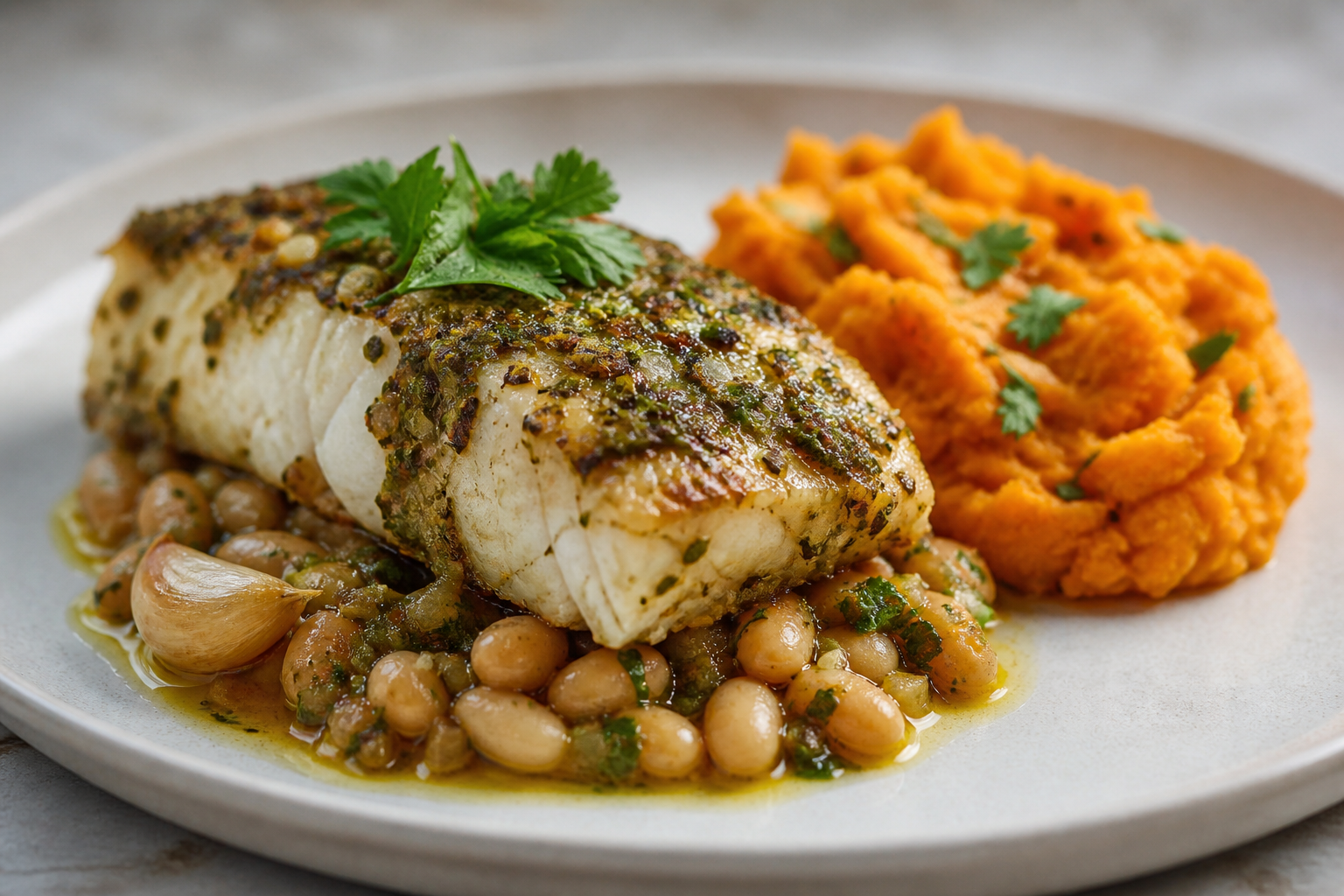 Pilón-Seasoned Grouper with Mashed Sweet Potato and White Beans in Coconut Sofrito