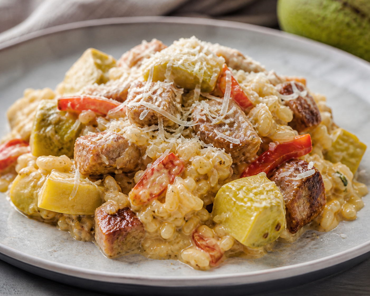 Puerto Rican Creamy Rice with Pork, Breadfruit and Sweet Peppers with Queso del País Finish