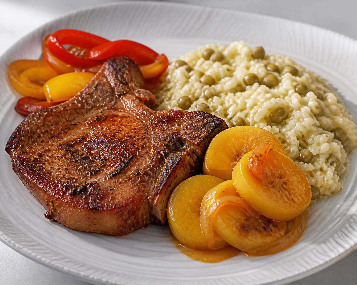 Chuletas Ahumadas al Pilón con Arroz Cremoso de Gandules Tiernos y Maduros en Escabeche Cálido