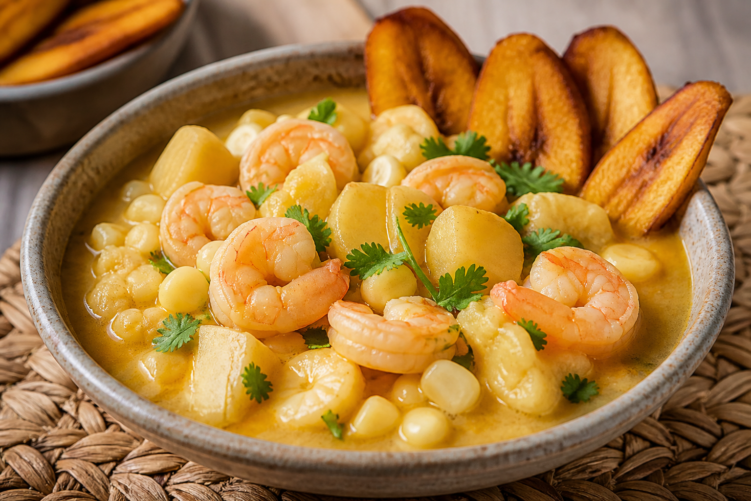 Coastal corn and shrimp locro with crispy green plantain and cilantro