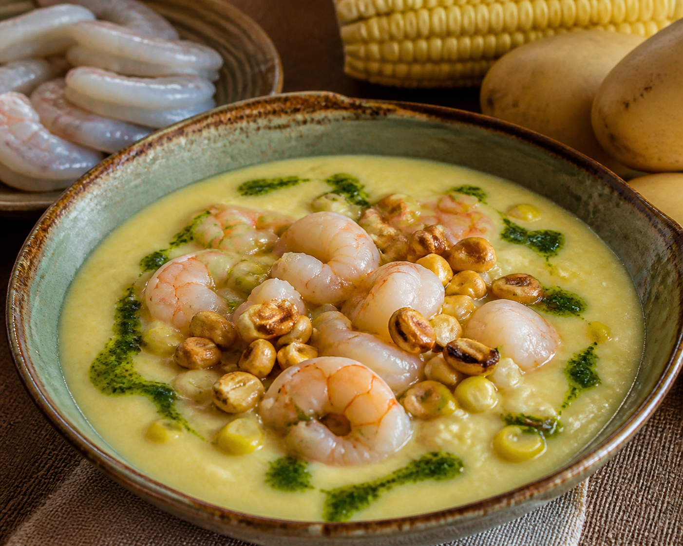 Locro de Camarón con Choclo Tostado y Aceite de Culantro