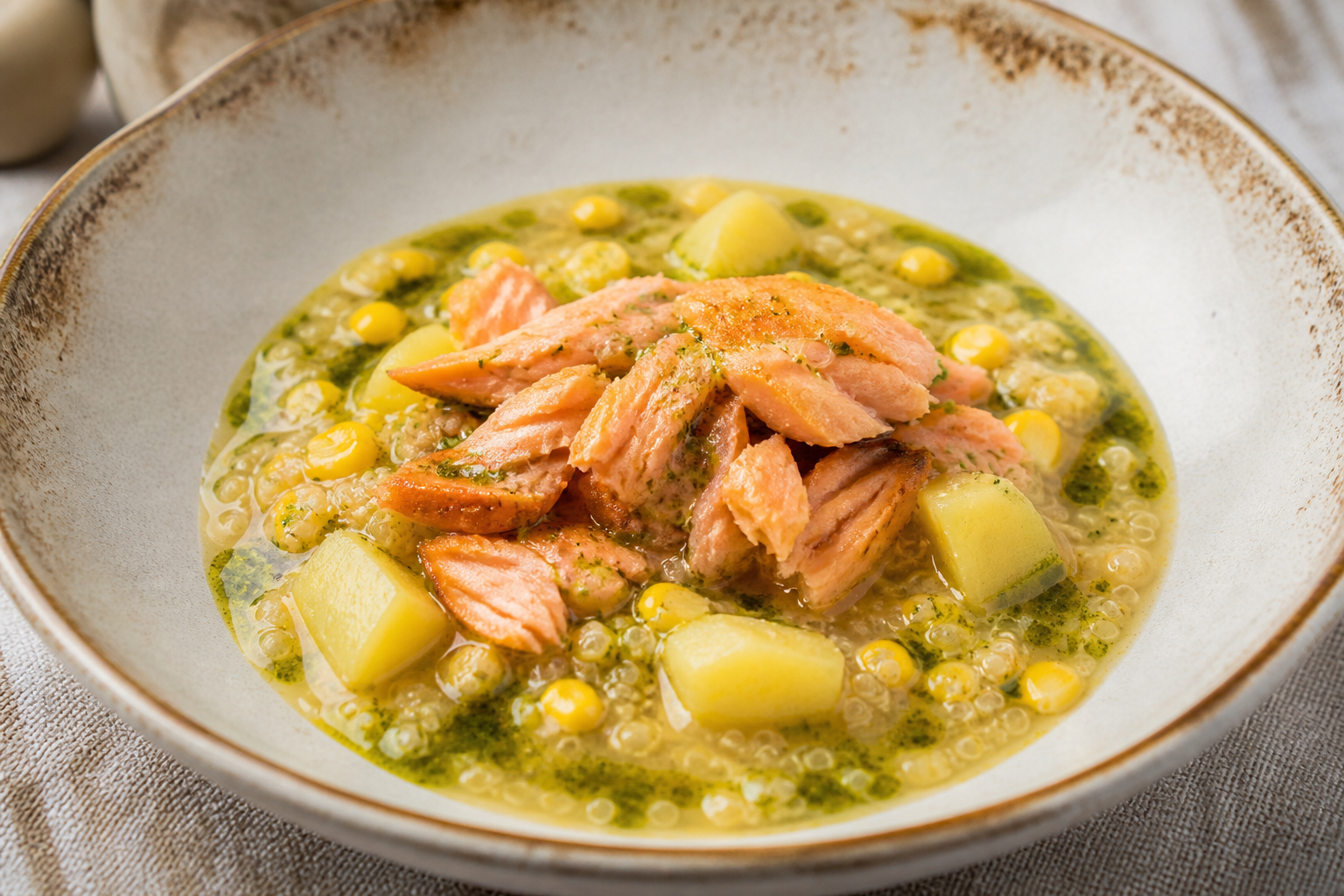 Locro de Quinua con Trucha Ahumada, Choclo Tierno y Aceite de Hierbaluisa