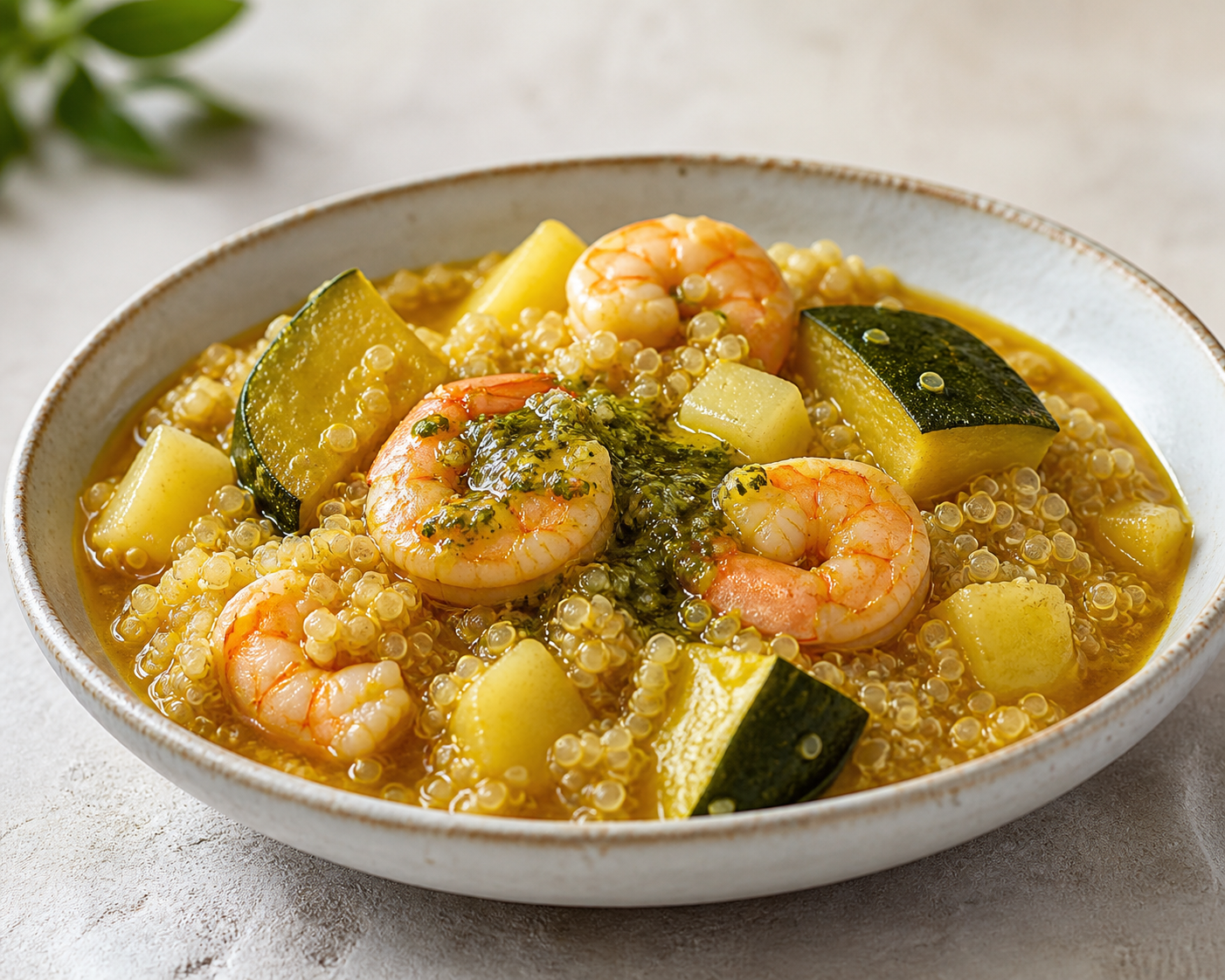 Quinoa and Shrimp Locro with Roasted Figleaf Gourd and Lemon Verbena Chili Sauce