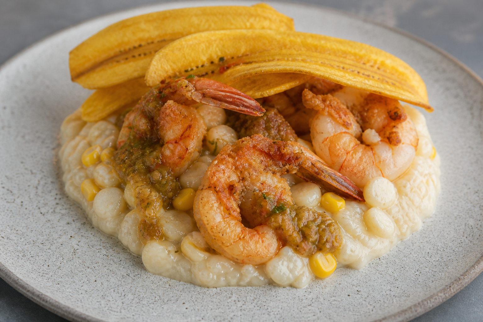 Mote Cremoso con Camarón al Coco, Ají de Tomate de Árbol y Crocante de Verde