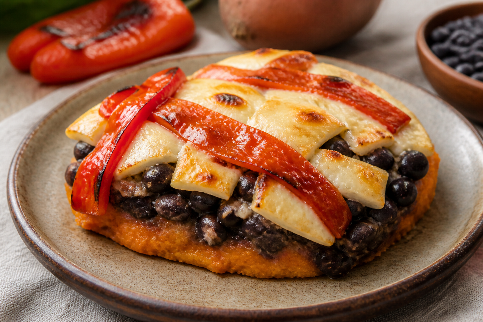 Caracas-Style Sweet Potato, Black Bean and Queso de Mano Casserole with Roasted Ají Dulce