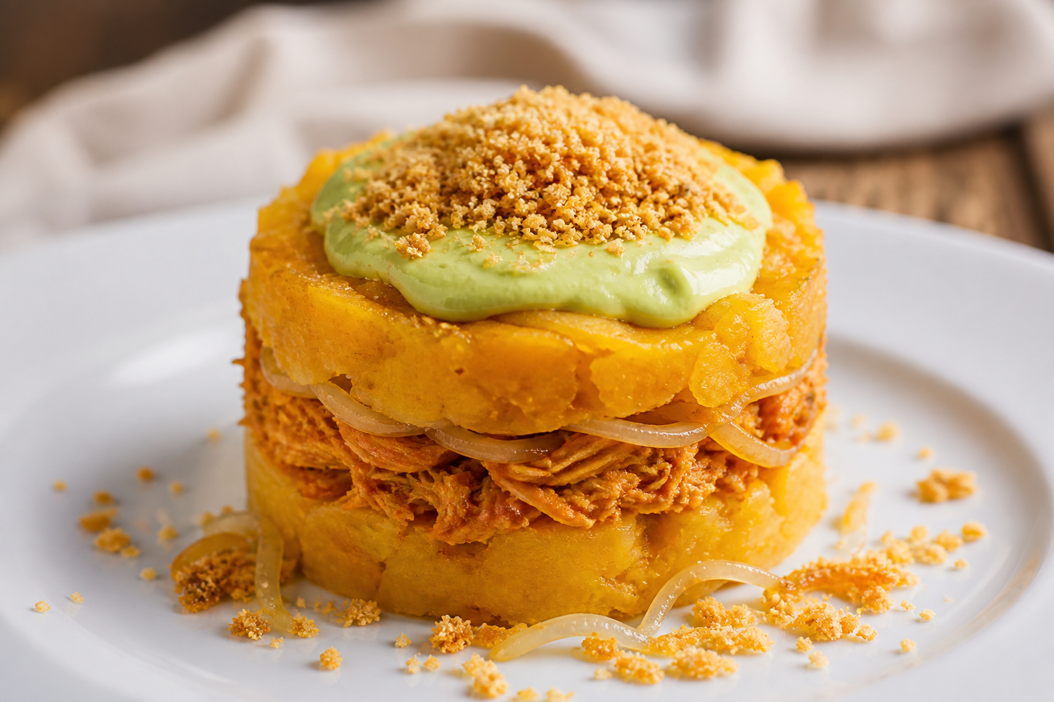 Timbal de Yuca Dorada con Gallina al Onoto, Crema de Aguacate y Polvo Crujiente de Casabe