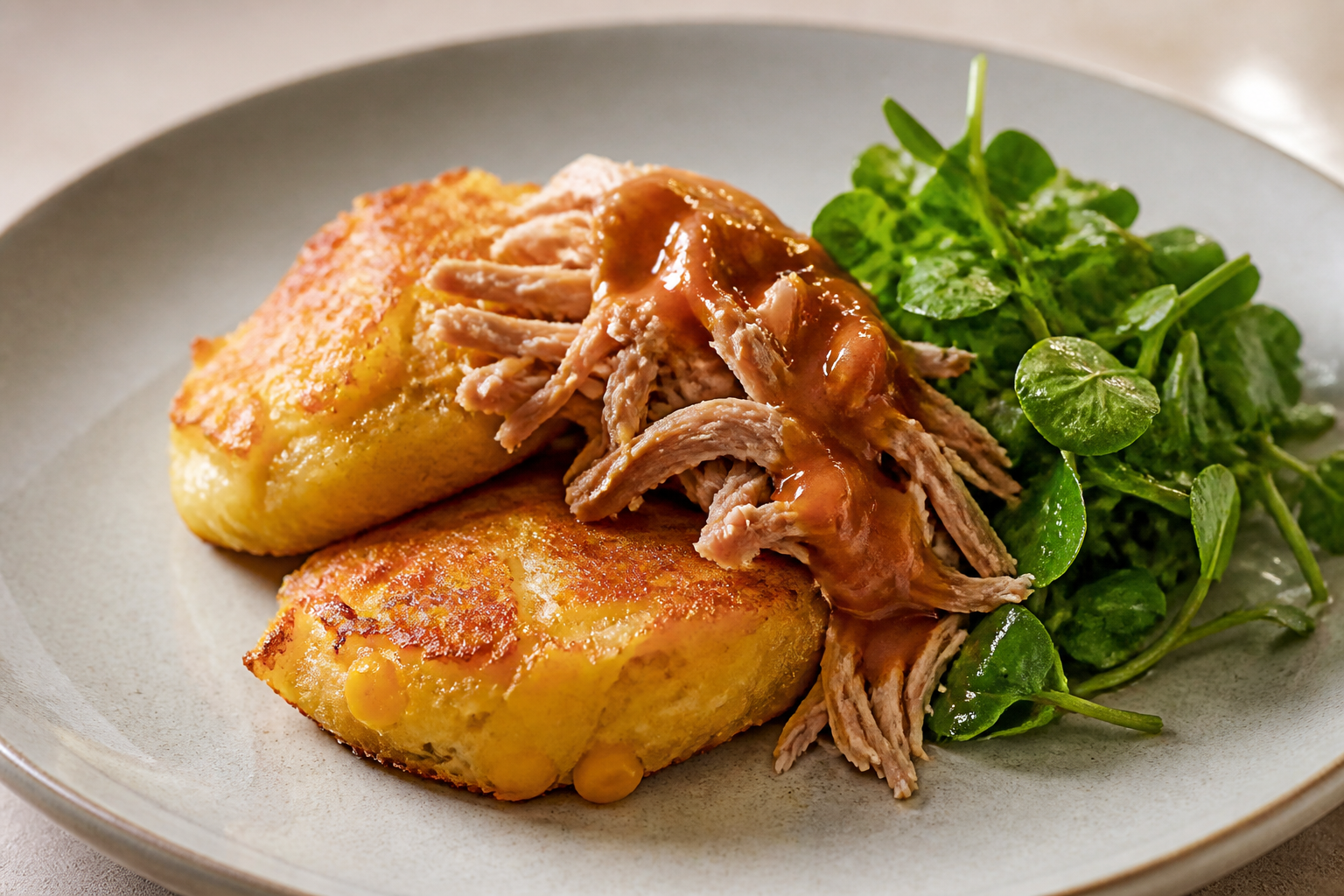 Golden Taro and Sweet Corn Cakes with Shredded Pork, Guava Mojo, and Fresh Watercress Salad