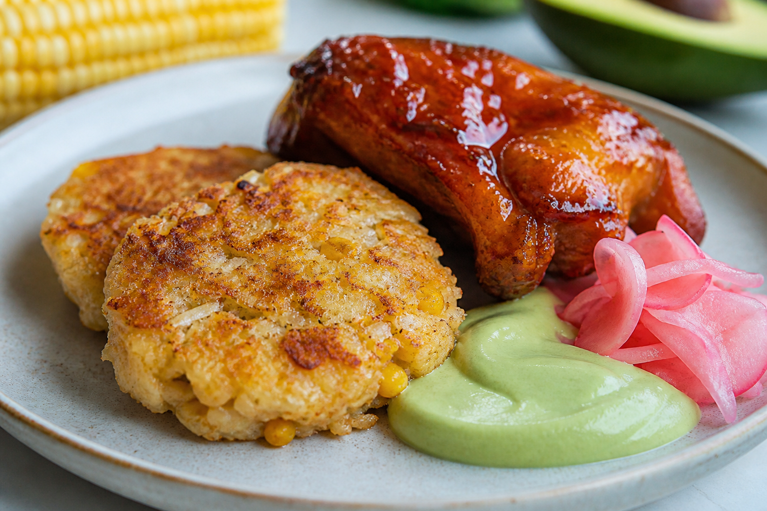 Caracas-Style Taro and Sweet Corn Cakes with Guava-Glazed Chicken, Avocado Cream and Pickled Radish