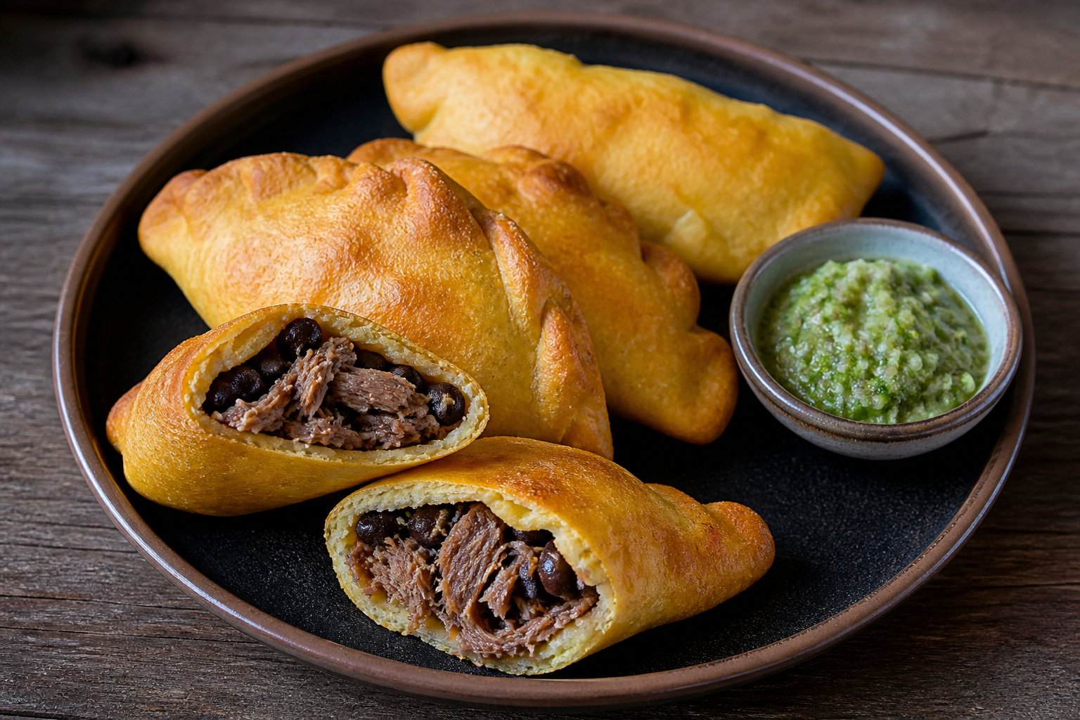 Criollo Mapuey and Corn Hand Pies with Gentle Goat Pabellón and Green Papaya Guasacaca