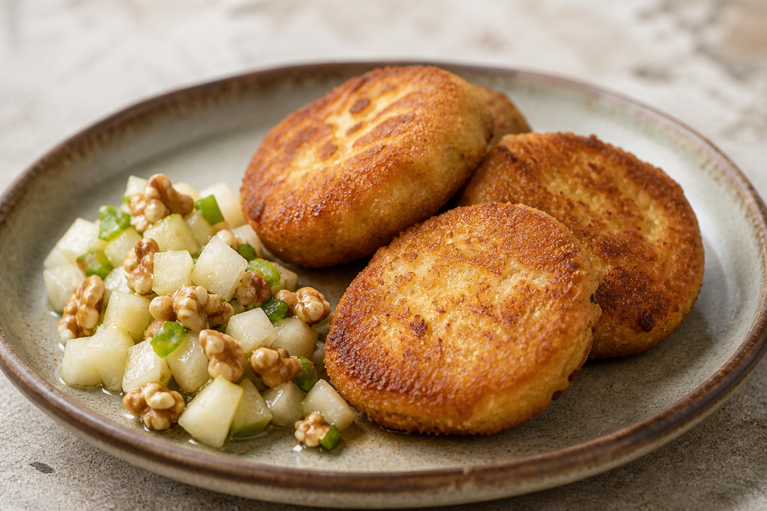 Croquetas Chilenas de Mote y Queso Chanco con Pebre de Pera y Nueces
