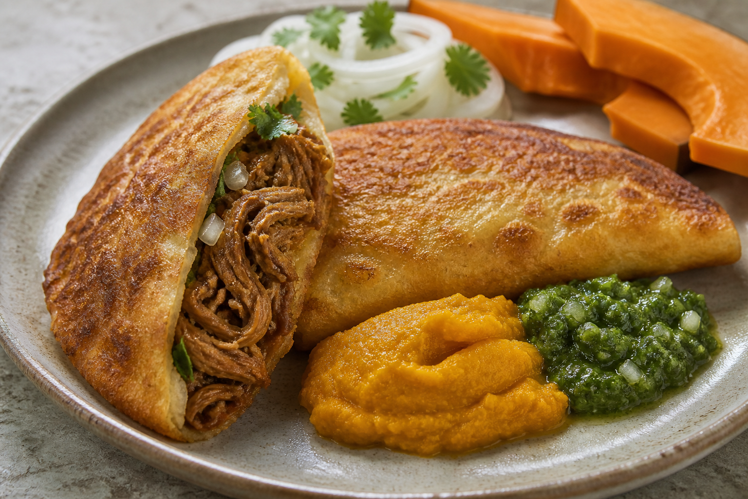 Cassava Flatbread Turnovers with Goat Pabellón, Roasted Pumpkin Cream, and Cilantro Mojo
