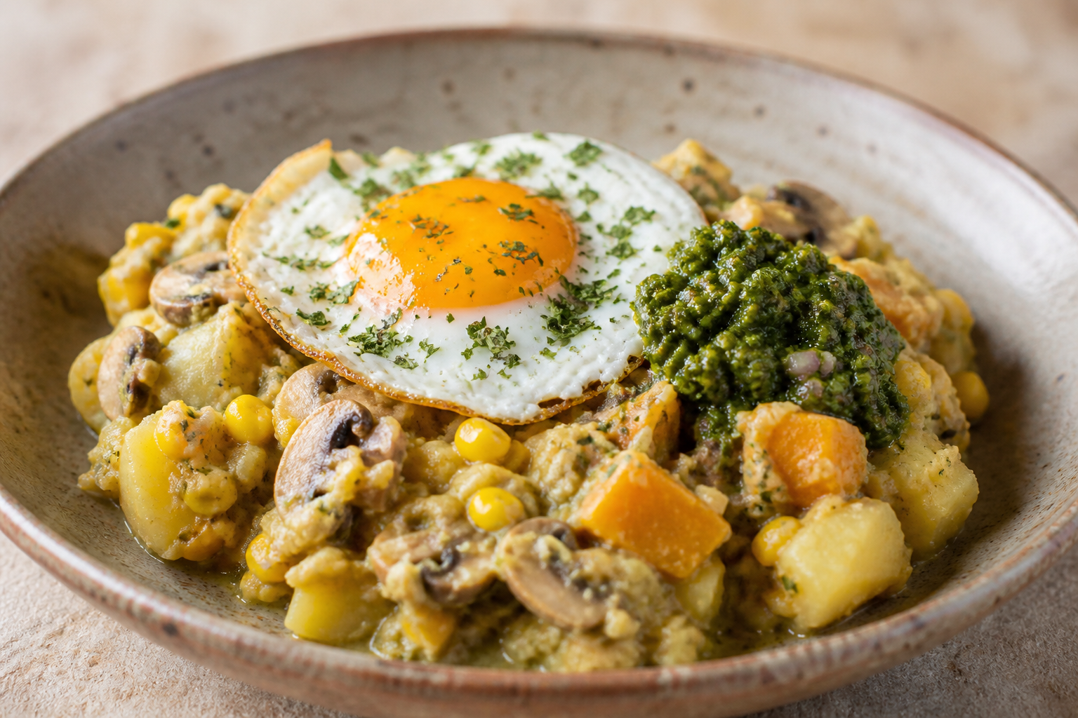 Creamy Corn and Mushroom Charquicán with Oregano Egg and Green Pebre