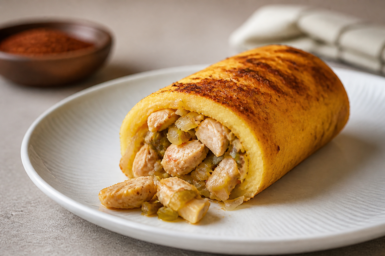 Arrollado tibio de papas doradas con pino de pollo, puerro y chuchoca al merkén