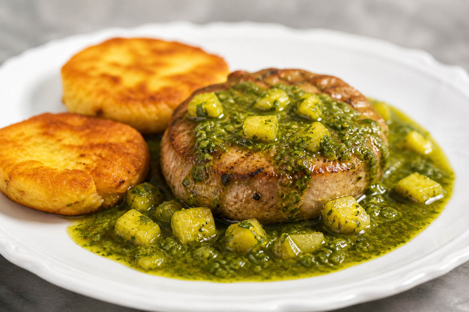 Chuletas Catrachas en Salsa de Piña Verde, Chile Guaro y Culantro con Tortitas de Yuca Dorada