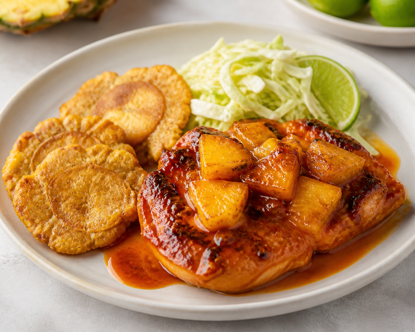 Honduran Pork Chops in Roasted Pineapple Achiote Sauce with Yuca Tostones and Lime Cabbage Slaw