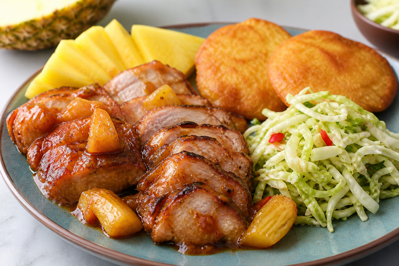 Cerdo Hondureño en Salsa de Piña Rostizada y Chile Guaro con Tortitas de Yuca y Ensalada Fresca de Repollo
