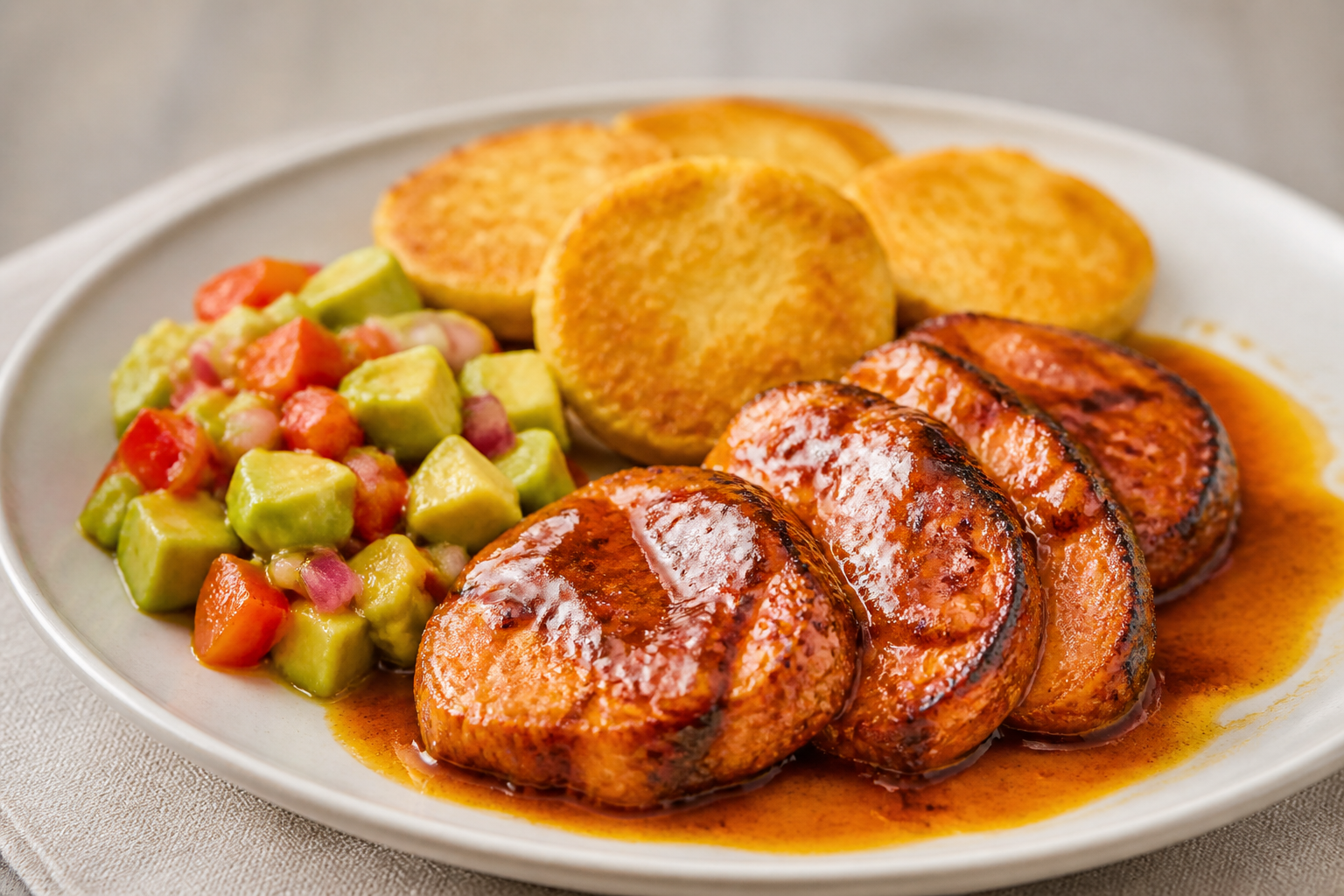 Honduran Pork in Charred Pineapple and Annatto Sauce with Yuca Cakes and Avocado Chimol