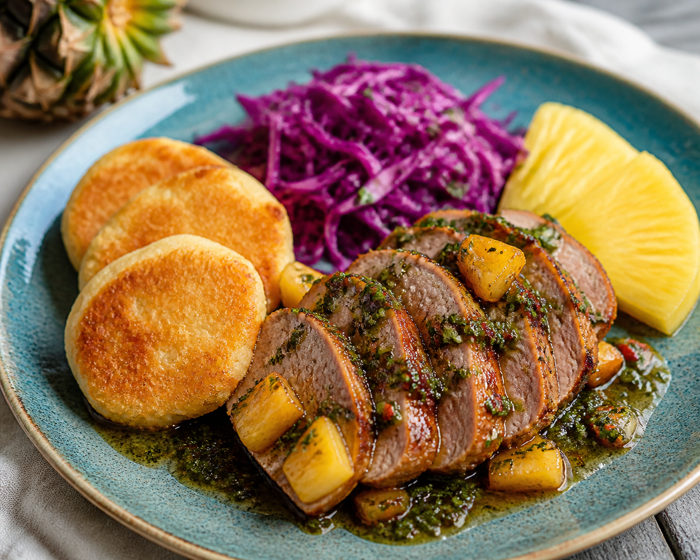 Cerdo Hondureño en Salsa de Piña Asada, Chile Guaro y Culantro con Tortitas de Yuca y Ensalada de Repollo Morado