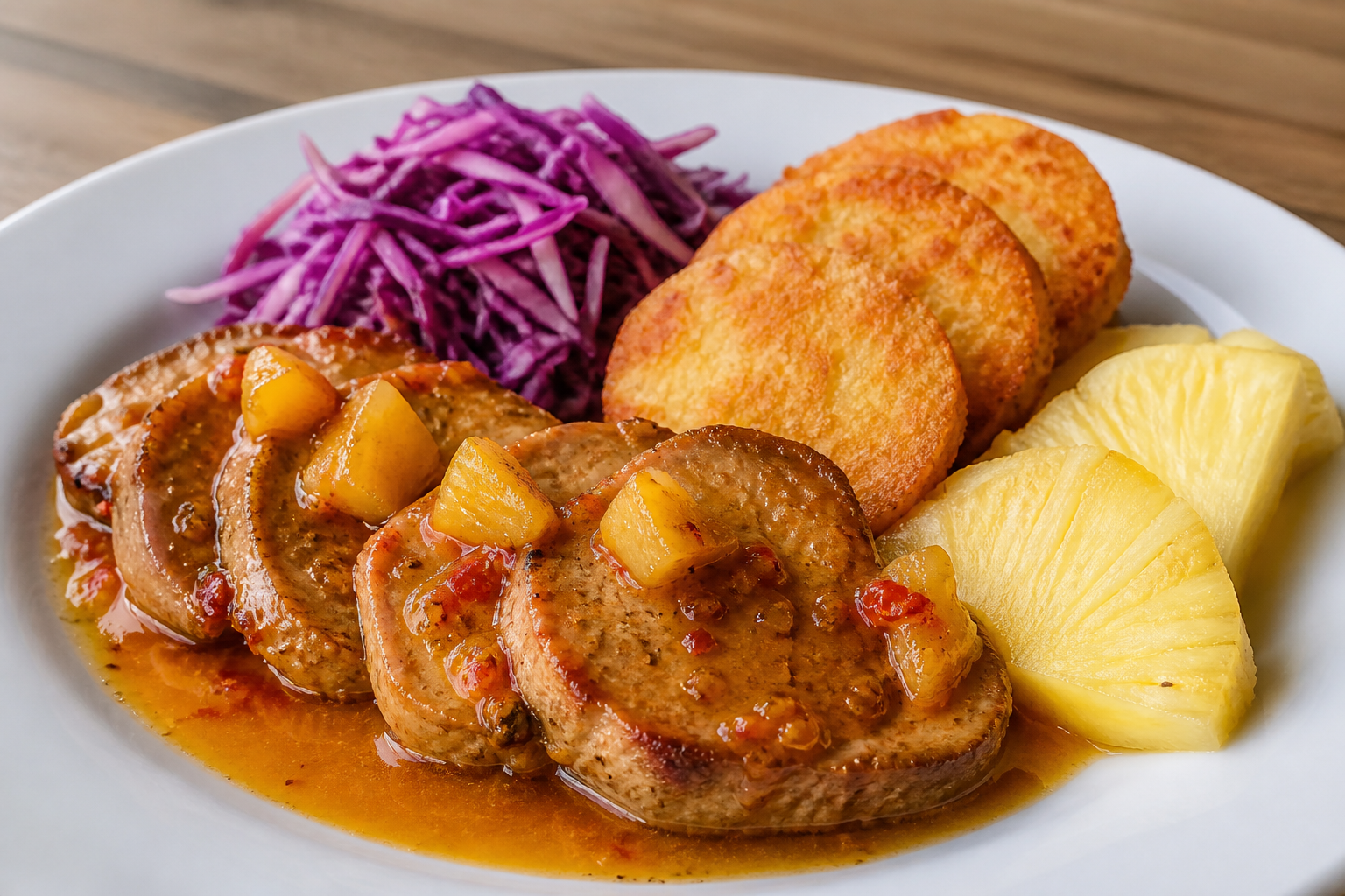 Cerdo Hondureño en Salsa de Piña Asada y Chile Guaro con Tortitas de Yuca y Ensalada de Repollo Morado