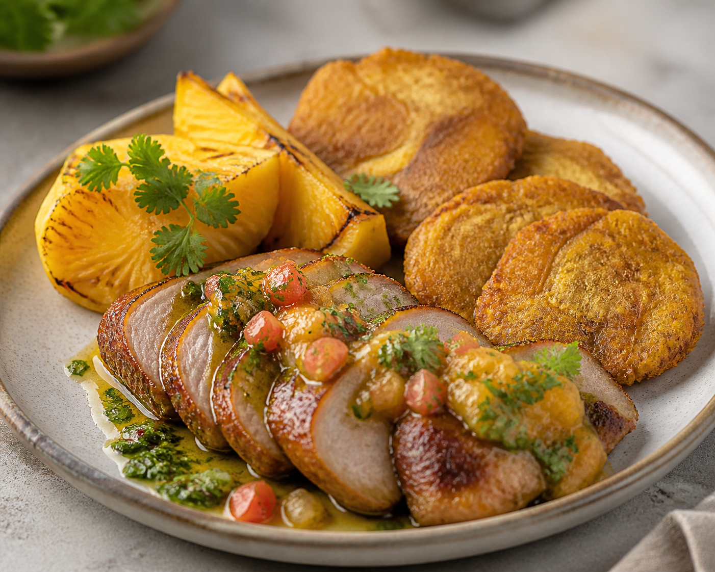 Honduran Pork in Roasted Pineapple, Chile Guaro and Cilantro Sauce with Malanga Tostones