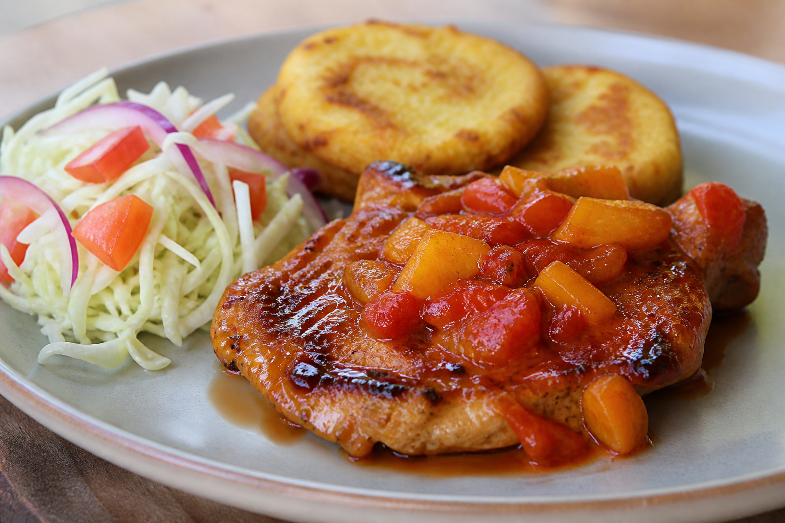 Honduran Pork in Roasted Pineapple and Chile Guaro Sauce with Yuca Cakes and Fresh Cabbage Salad