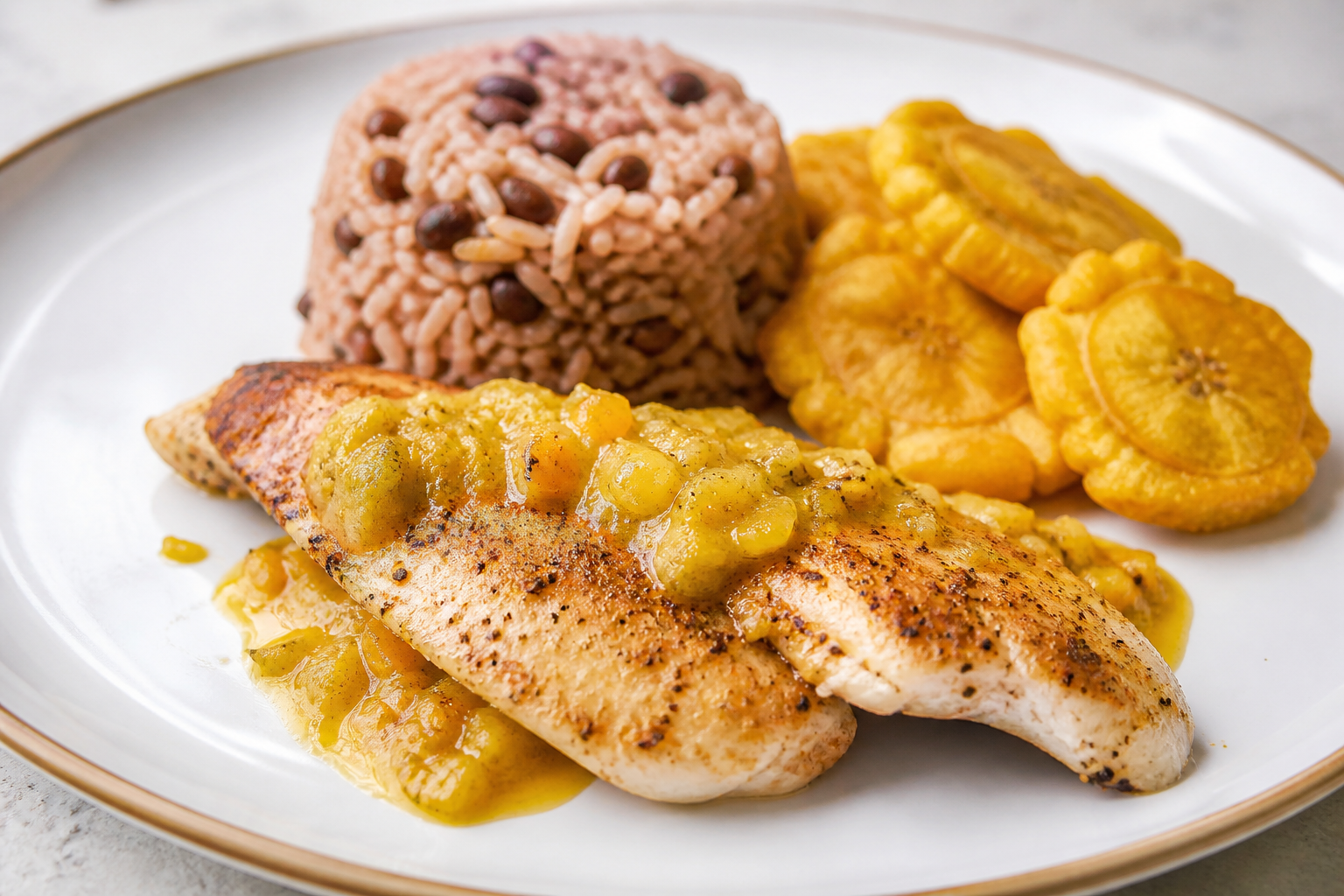 Pargo Cubano al Mojo de Piña Asada con Congrí Suelto y Tostones de Ajo