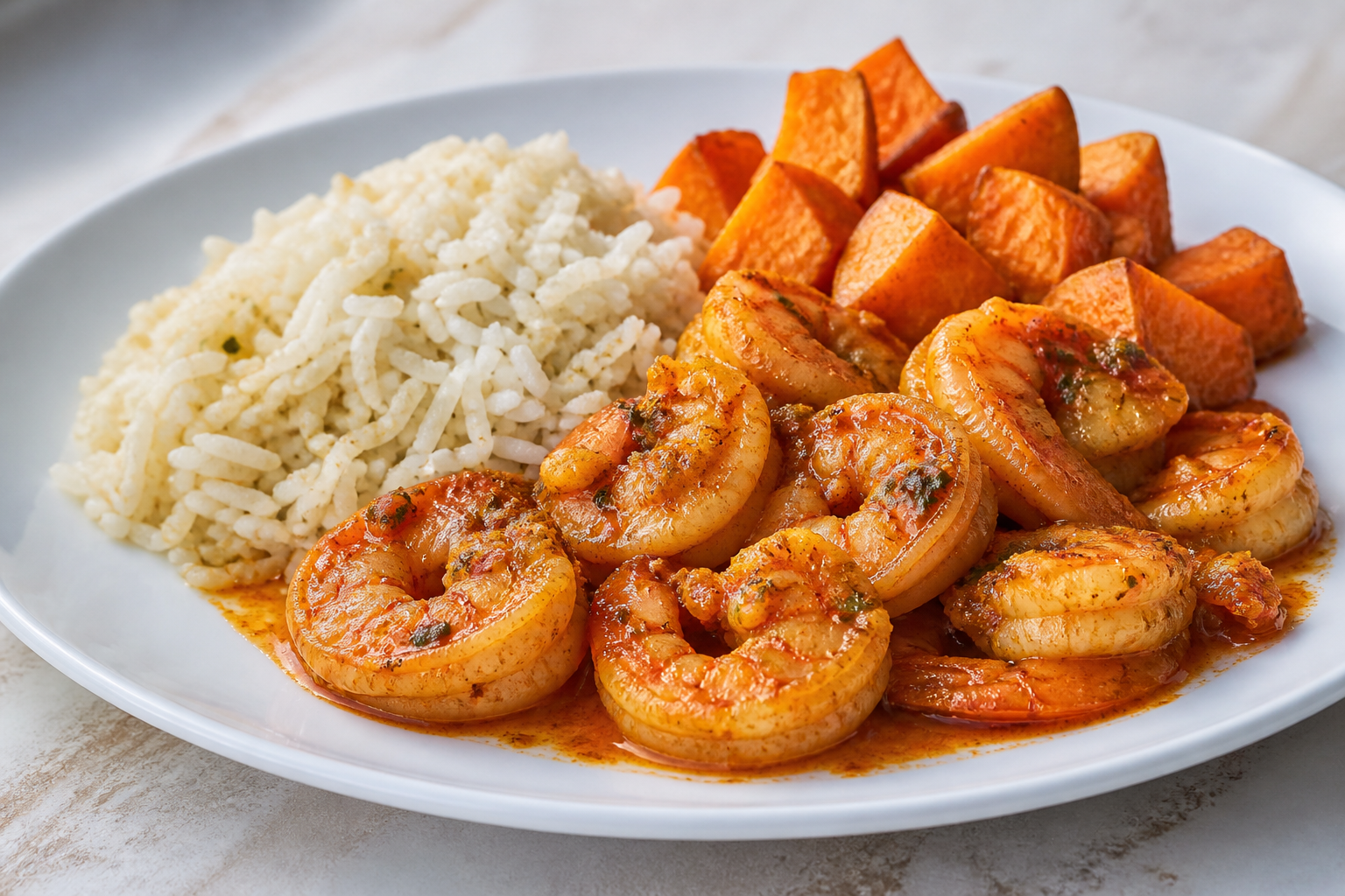 Camarones Cubanos Enchilados con Boniato Asado y Arroz al Comino