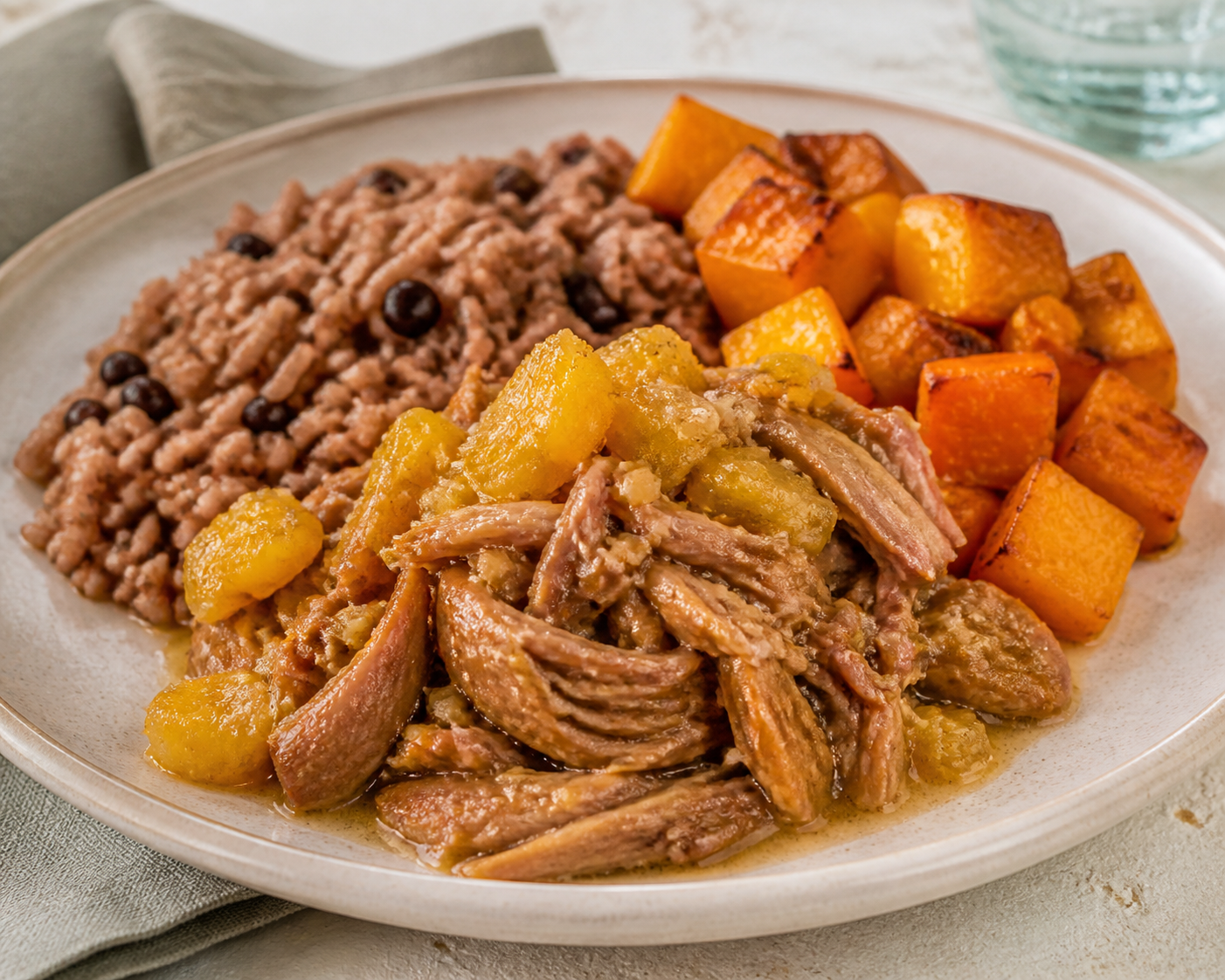 Cuban Shredded Pork in Pineapple-Garlic Mojo with Soft Moros Rice and Roasted Squash