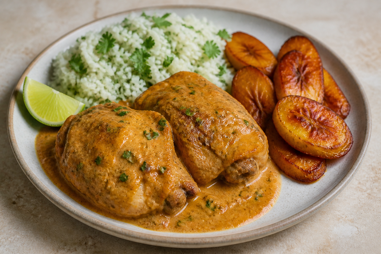 Pollo Colombiano en Crema de Maní y Achiote con Arroz de Cilantro y Plátano Maduro Dorado