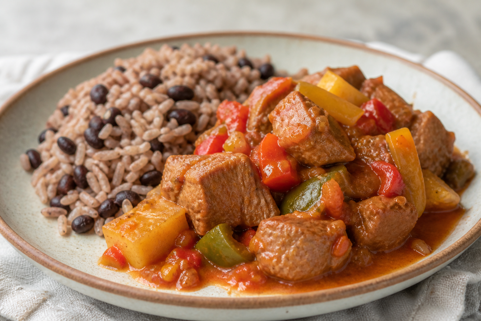 Cerdo Cubano Braseado en Sofrito de Piña y Ají con Moros Sueltos