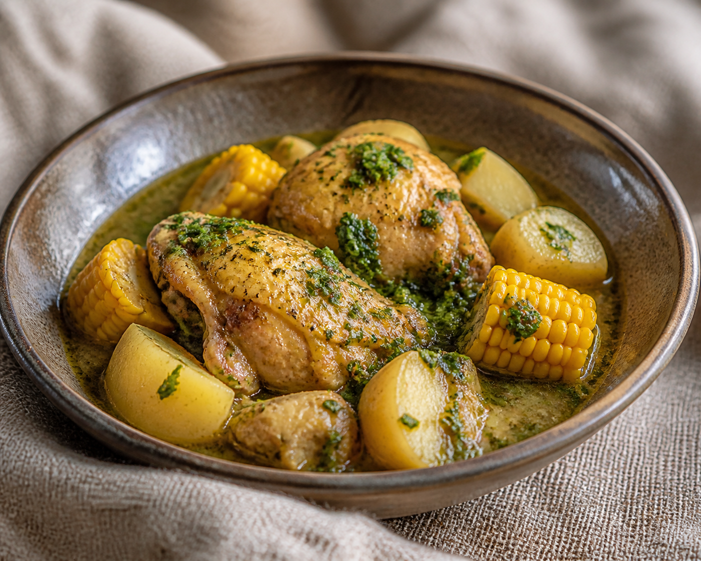 Colombian Chicken Stew with Arracacha, Sweet Corn and Mint Hogao