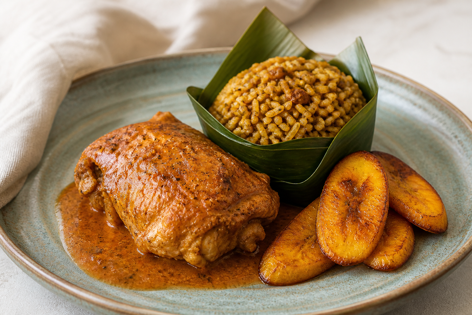 Creole Chicken in Corozo-Coconut Sauce with Bijao Rice and Golden Semi-Ripe Plantain
