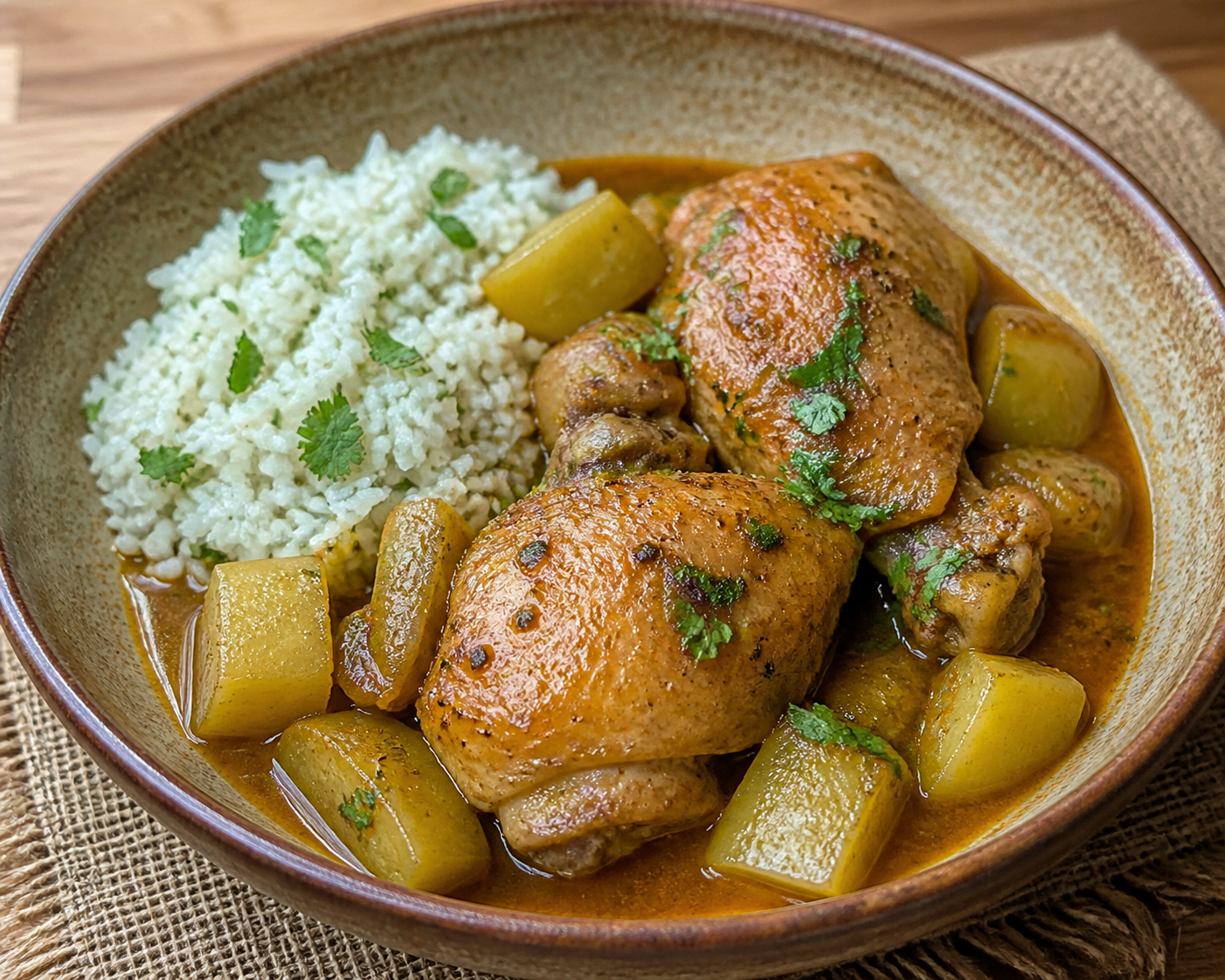 Colombian chicken stew with chayote, panela cider glaze, and cilantro rice