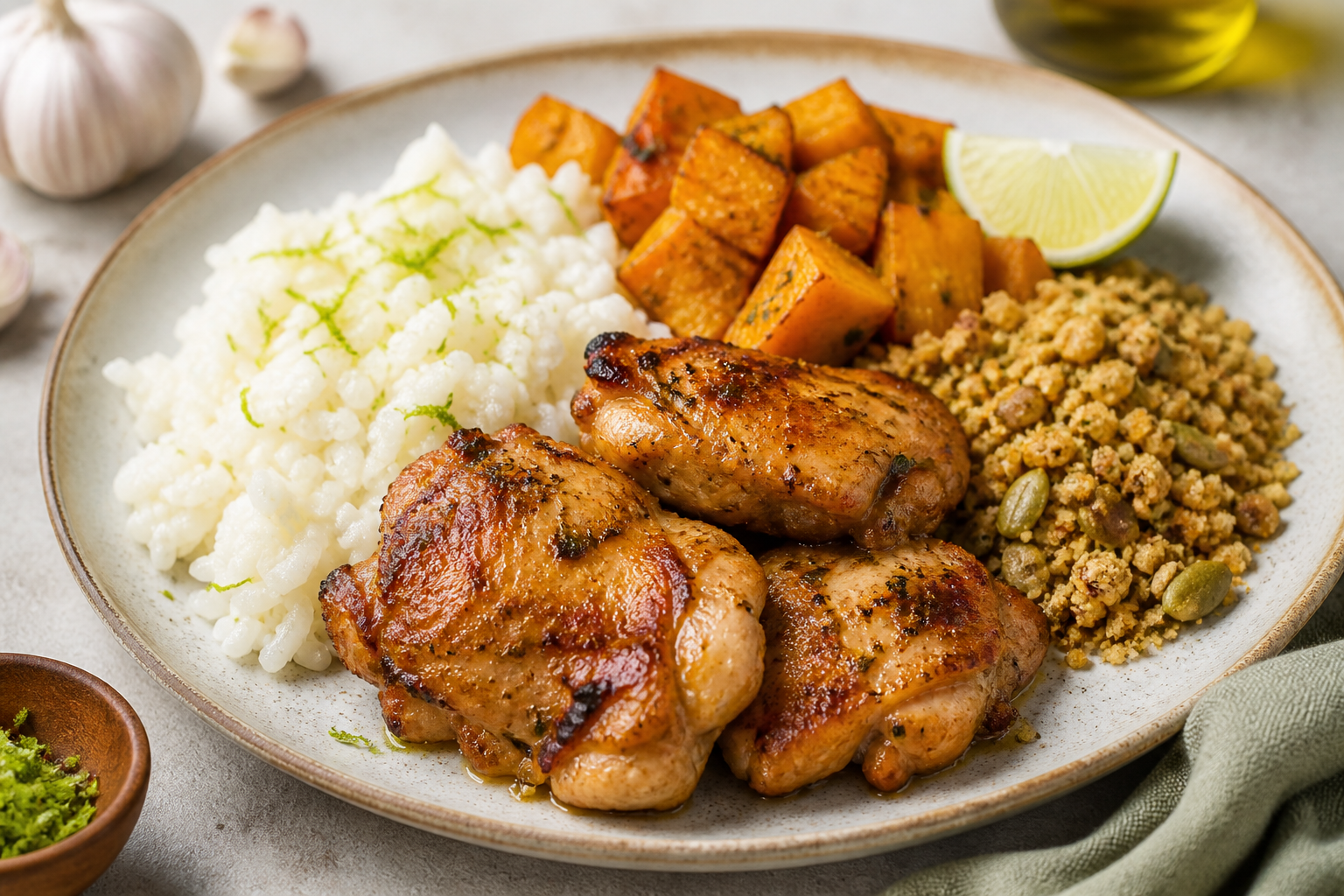 Brazilian Creamy Coconut-Lime Rice with Golden Chicken, Roasted Squash and Seed Farofa