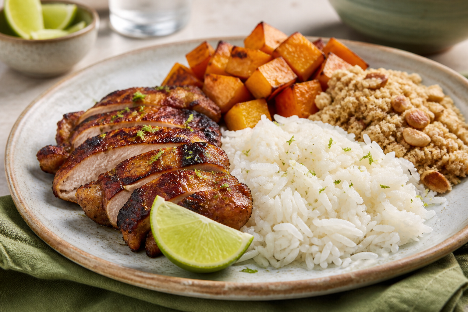 Brazilian Creamy Coconut-Lime Rice with Seared Chicken, Roasted Squash and Cashew Farofa