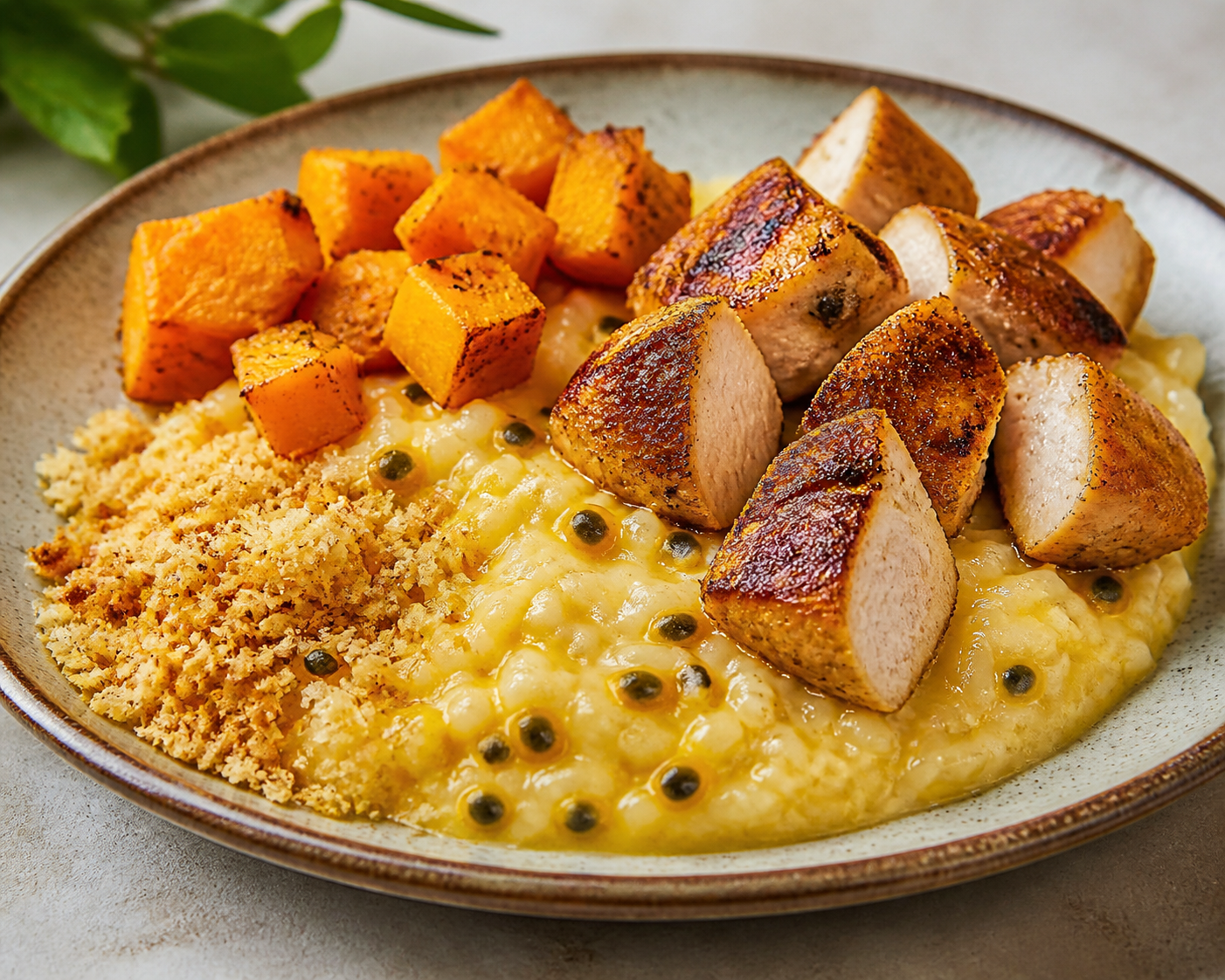Arroz Cremoso Brasileño de Maracuyá con Pollo Dorado, Calabaza Asada y Farofa de Coco y Cebolla