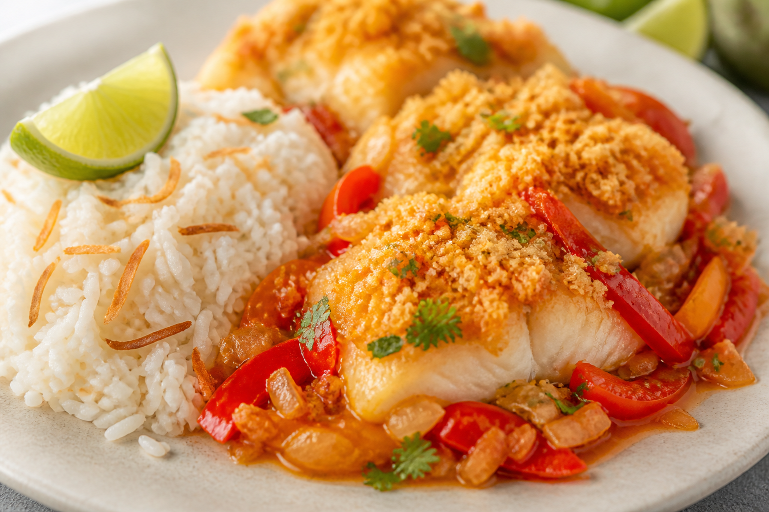 Brazilian Fish Casserole with Toasted Coconut Rice, Peppers, and Crispy Tapioca Crumbs