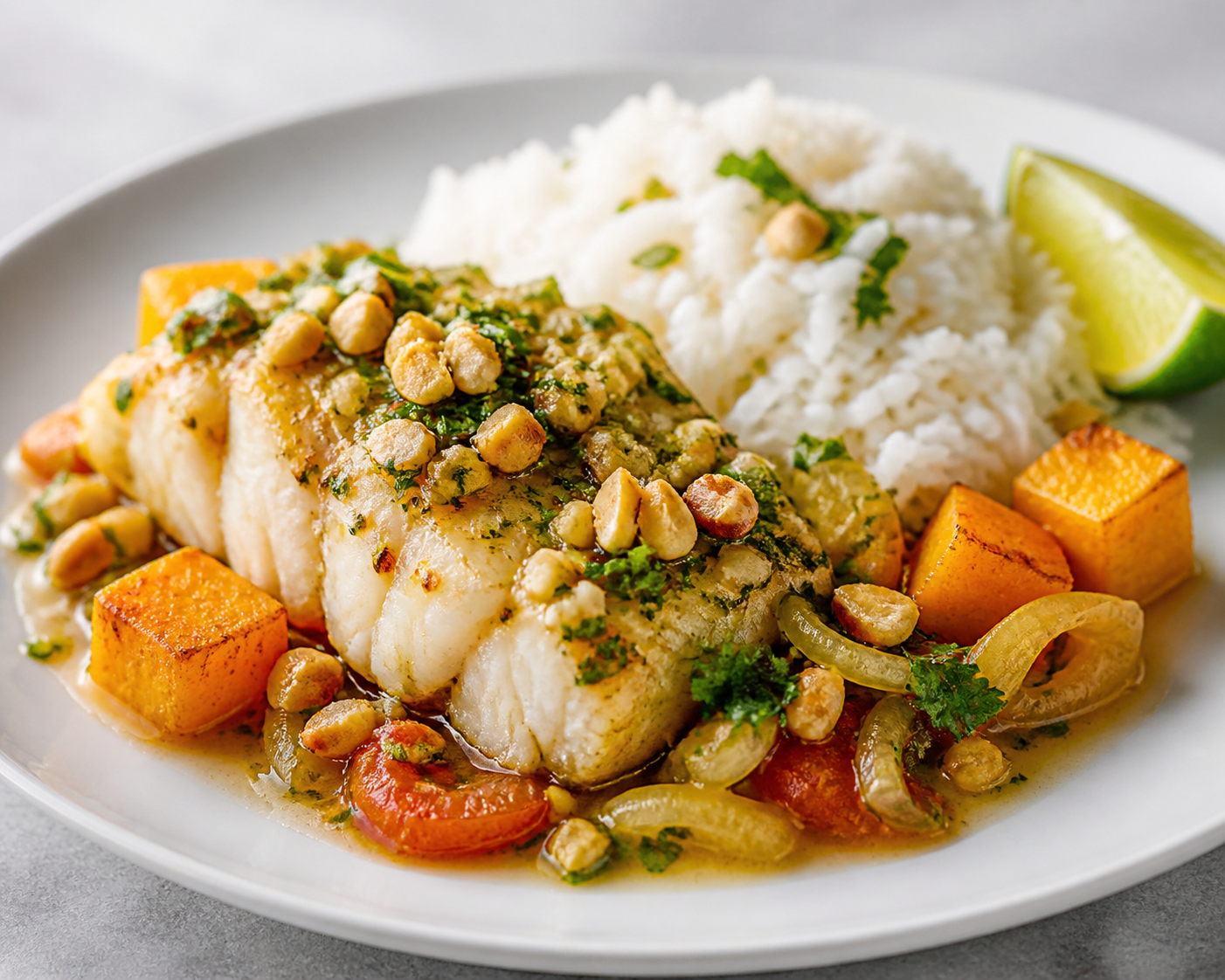 Cazuela Brasileña de Pescado con Arroz de Coco, Calabaza Asada y Gremolata de Cajú y Lima