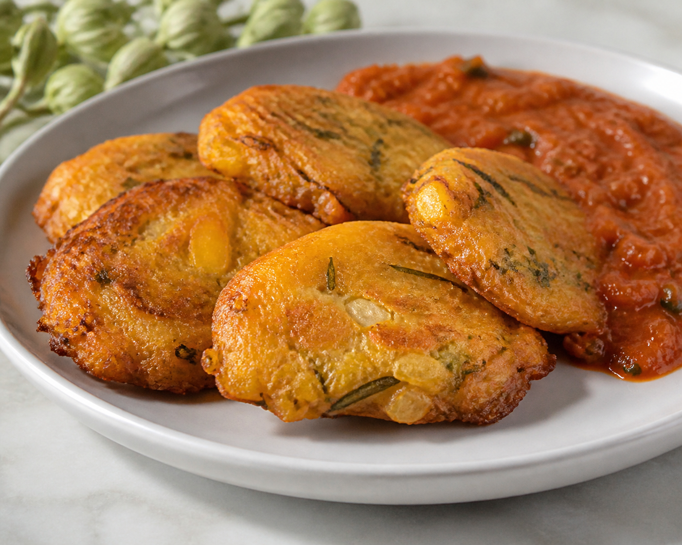 Salvadoran sweet potato and loroco fritters with roasted tomato alguashte sauce