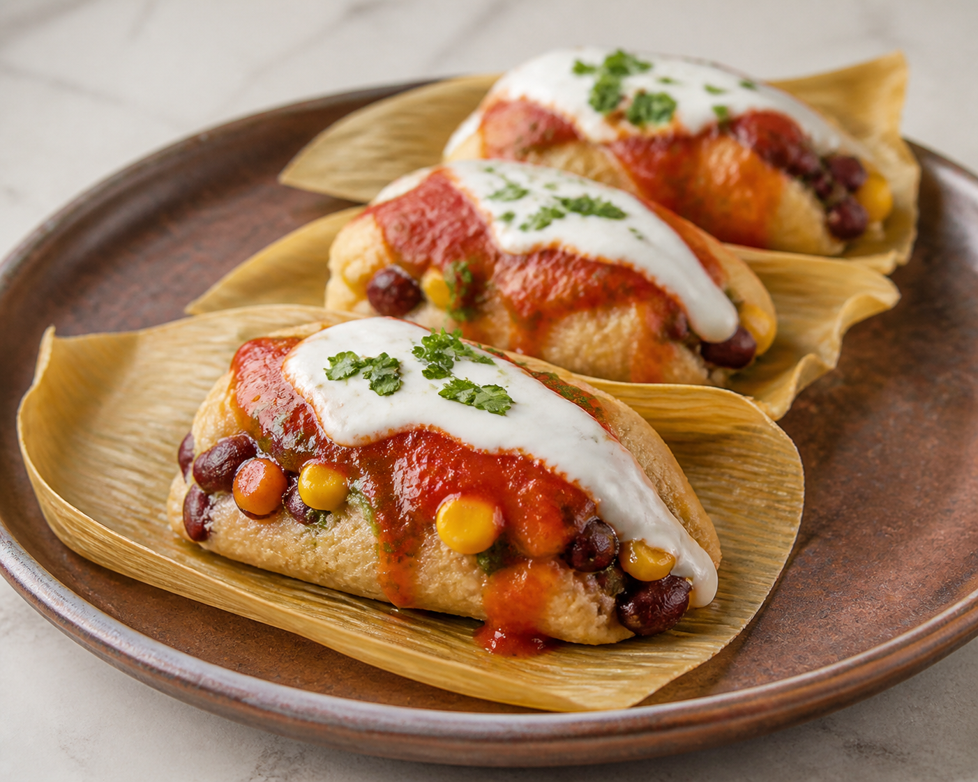 Tamalitos salvadoreños de elote y cilantro con relleno de frijol rojo, salsa de tomate asado y crema de queso fresco
