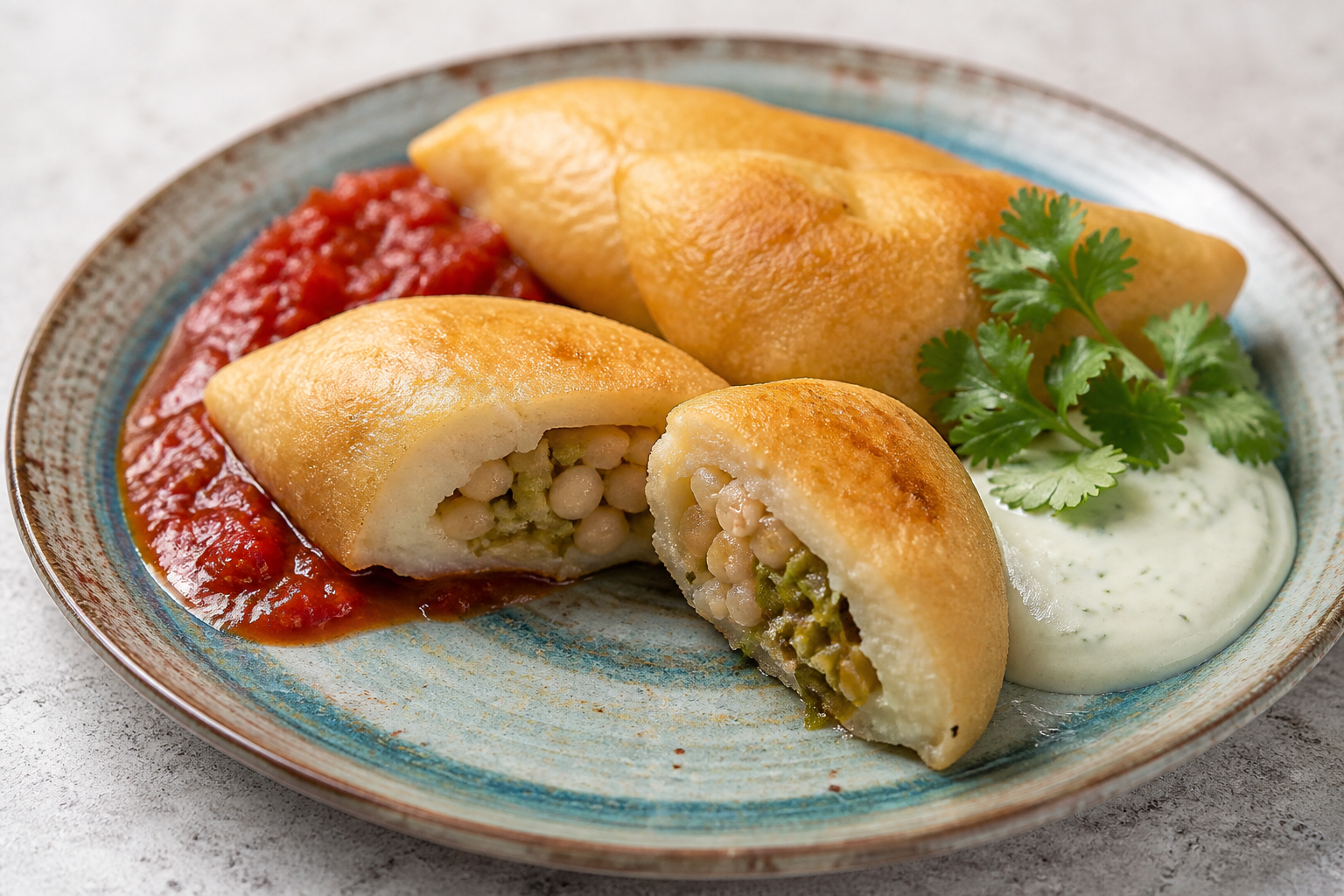 Salvadoran yucca and white bean hand pies with loroco, roasted tomato sauce, and cilantro cream